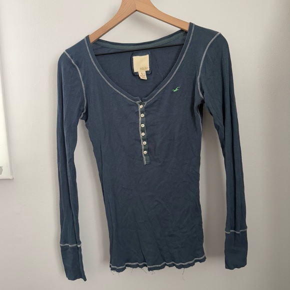 Hollister Y2K large slim fit Henley tee long sleeve stone blue 2000s - Picture 4 of 8